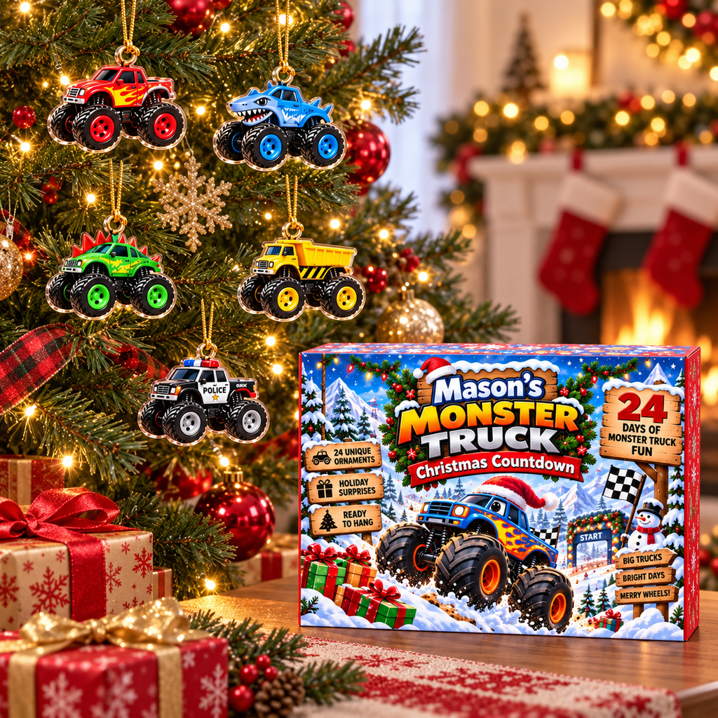 24-Day Monster Truck Christmas Countdown With Custom Name - 24 Piece Ornament Advent Calendar - Christmas Gift For Boys & Truck Lovers