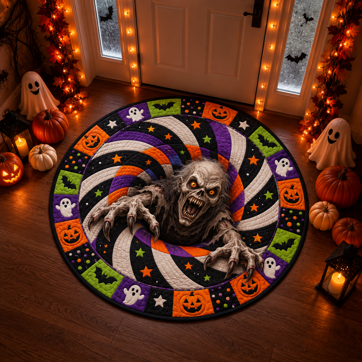 Halloween Skeleton Quilted Round Mat – 3D Vortex Illusion