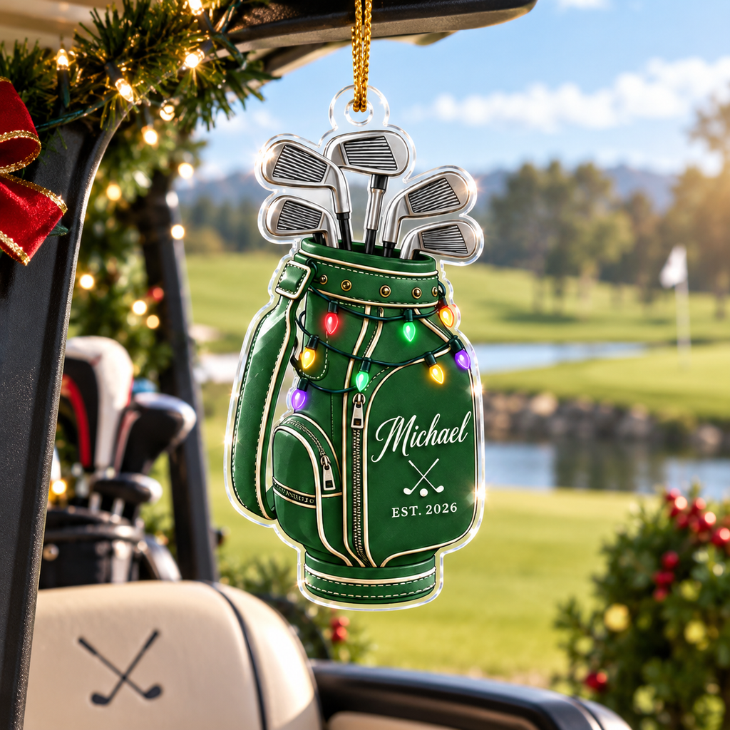 Golf Bag & Clubs With Custom Name & EST. Year - Personalized Acrylic Ornament - Christmas Gift For Golfer