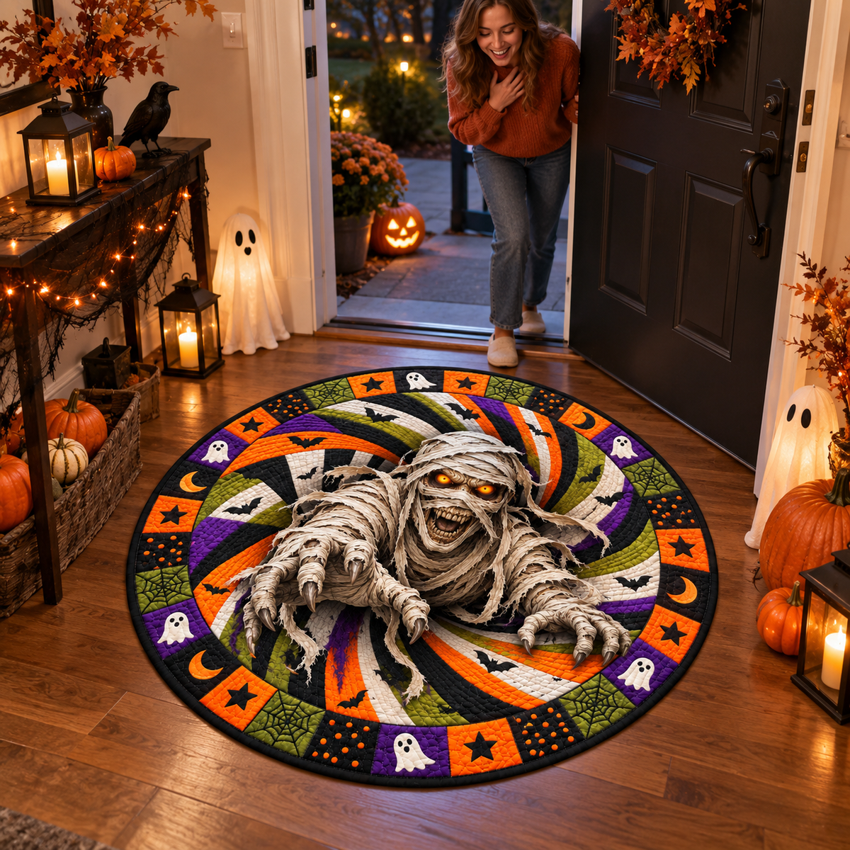 Halloween Witch Quilted Round Mat – 3D Vortex Illusion