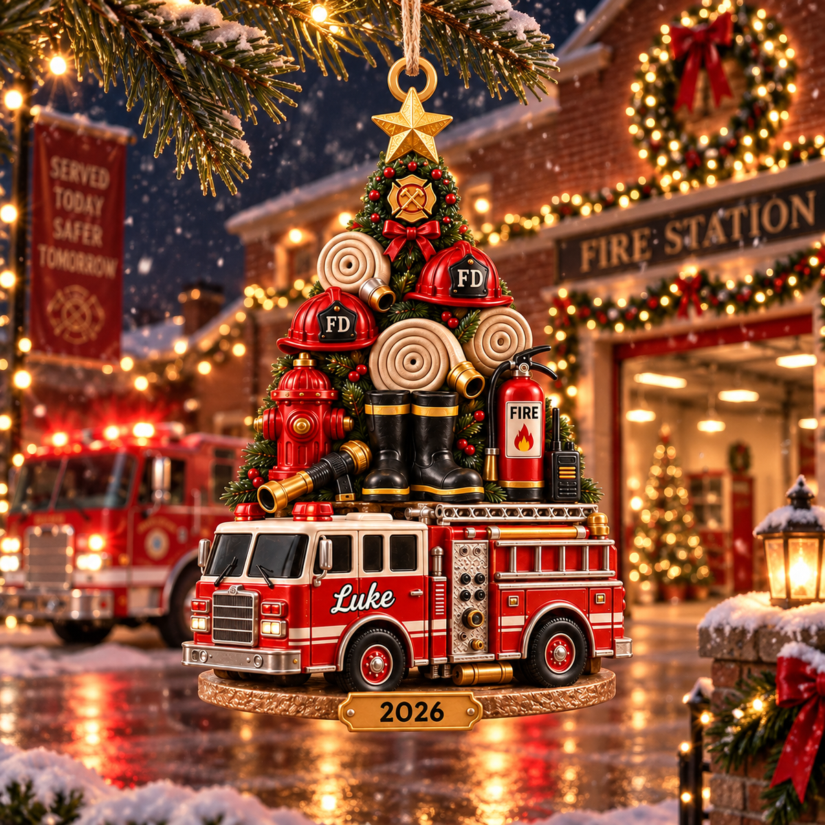 Firefighter Christmas Tree With Custom Name & Year - Personalized Acrylic Ornament - Christmas Gift For Firefighter