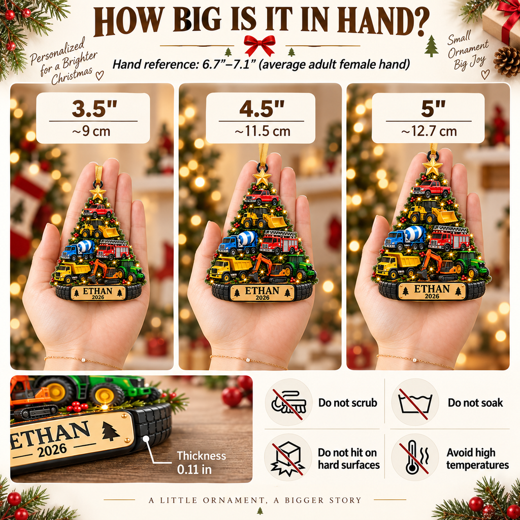 Construction Trucks Christmas Tree With Custom Name & Year - Personalized Acrylic Ornament - Christmas Gift For Boys & Kids