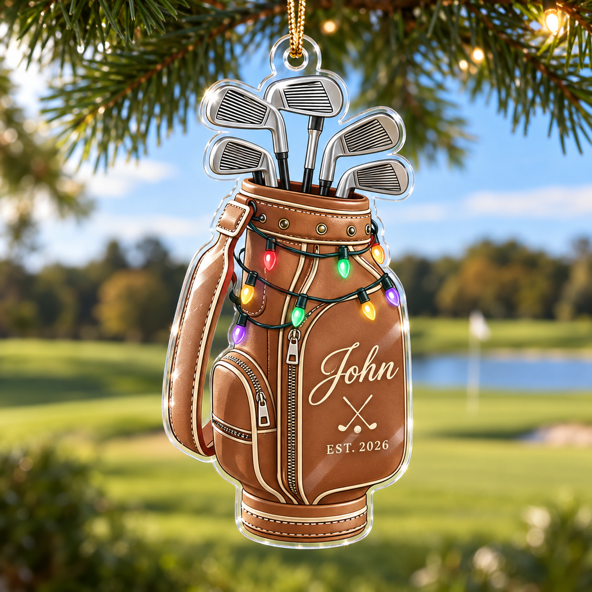 Golf Bag & Clubs With Custom Name & EST. Year - Personalized Acrylic Ornament - Christmas Gift For Golfer