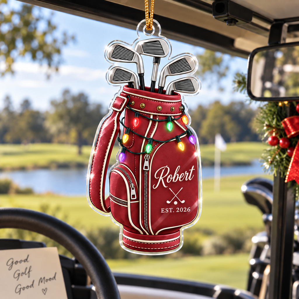 Golf Bag & Clubs With Custom Name & EST. Year - Personalized Acrylic Ornament - Christmas Gift For Golfer