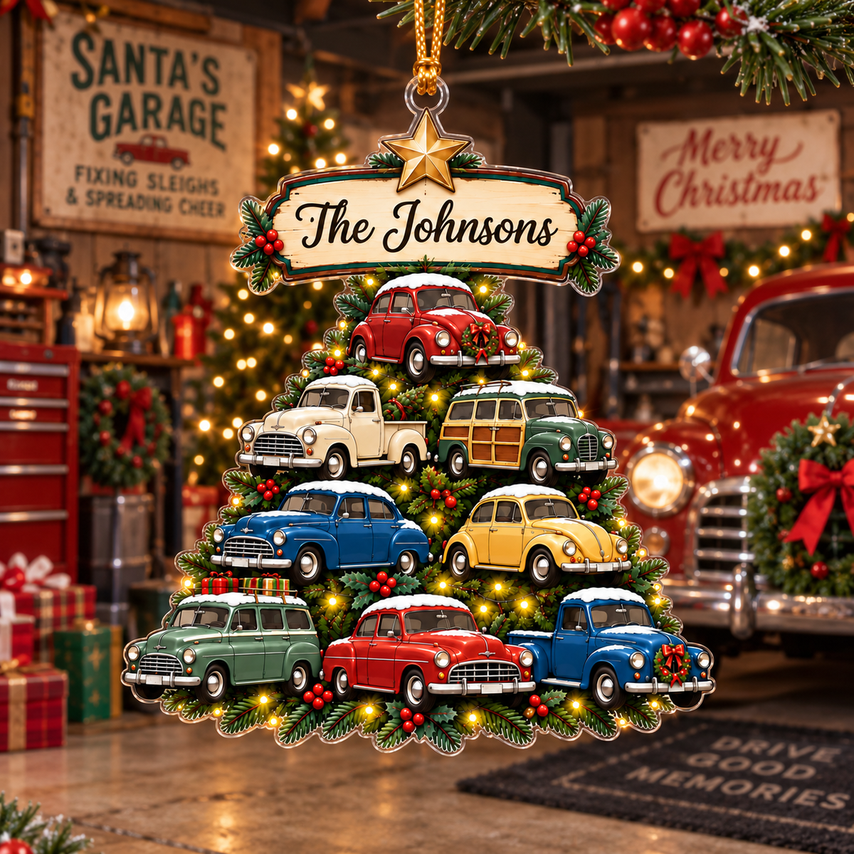 Vintage Cars Christmas Tree With Custom Family Name - Personalized Acrylic Ornament - Christmas Gift For Car Lovers