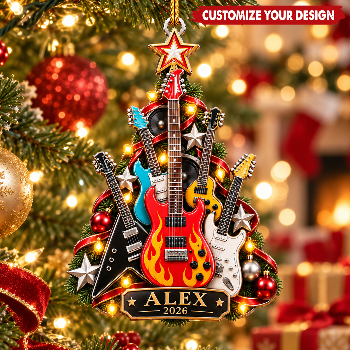 Rock Guitar Christmas Tree With Custom Name & Year - Personalized Acrylic Ornament - Christmas Gift For Guitarist & Music Lover