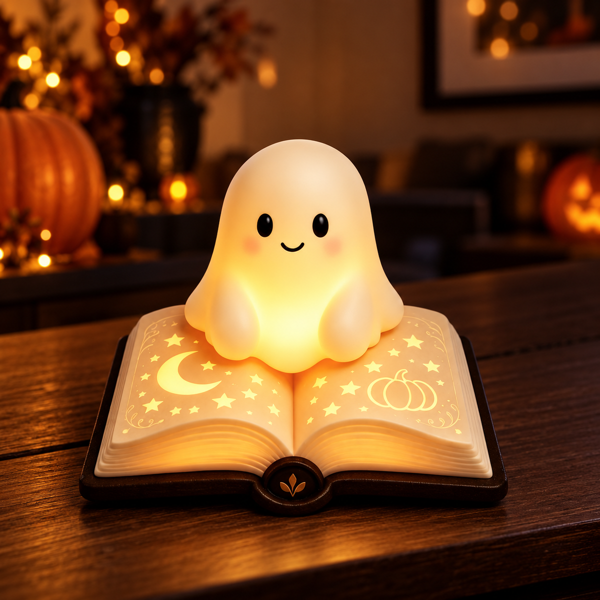 Cute Ghost Sitting on a Book - Halloween Night Light - Cozy Gift For Book Lovers