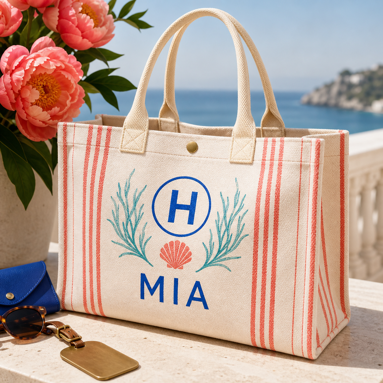 Personalized coral stripe beach tote with botanical monogram and sample name MIA