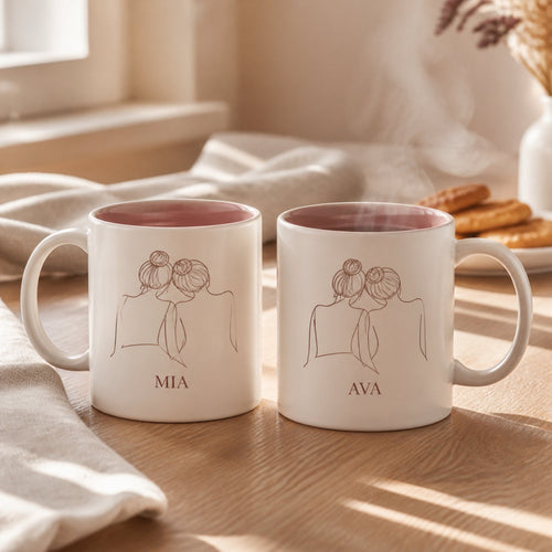 Two matching ceramic mugs with pink interiors, each printed with a name and a line-art illustration