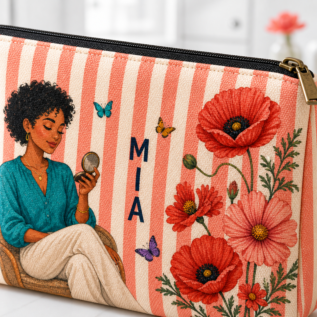 Close-up of coral striped makeup pouch with MIA personalization, woman character, flowers and butterflies