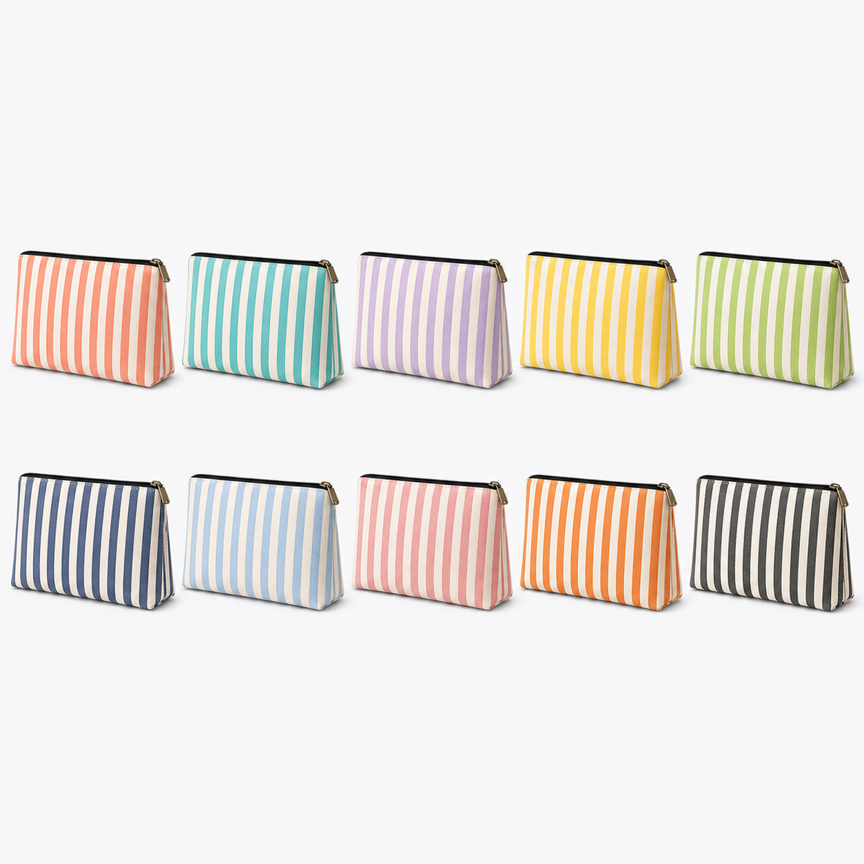 Ten striped makeup pouch color options arranged in two rows