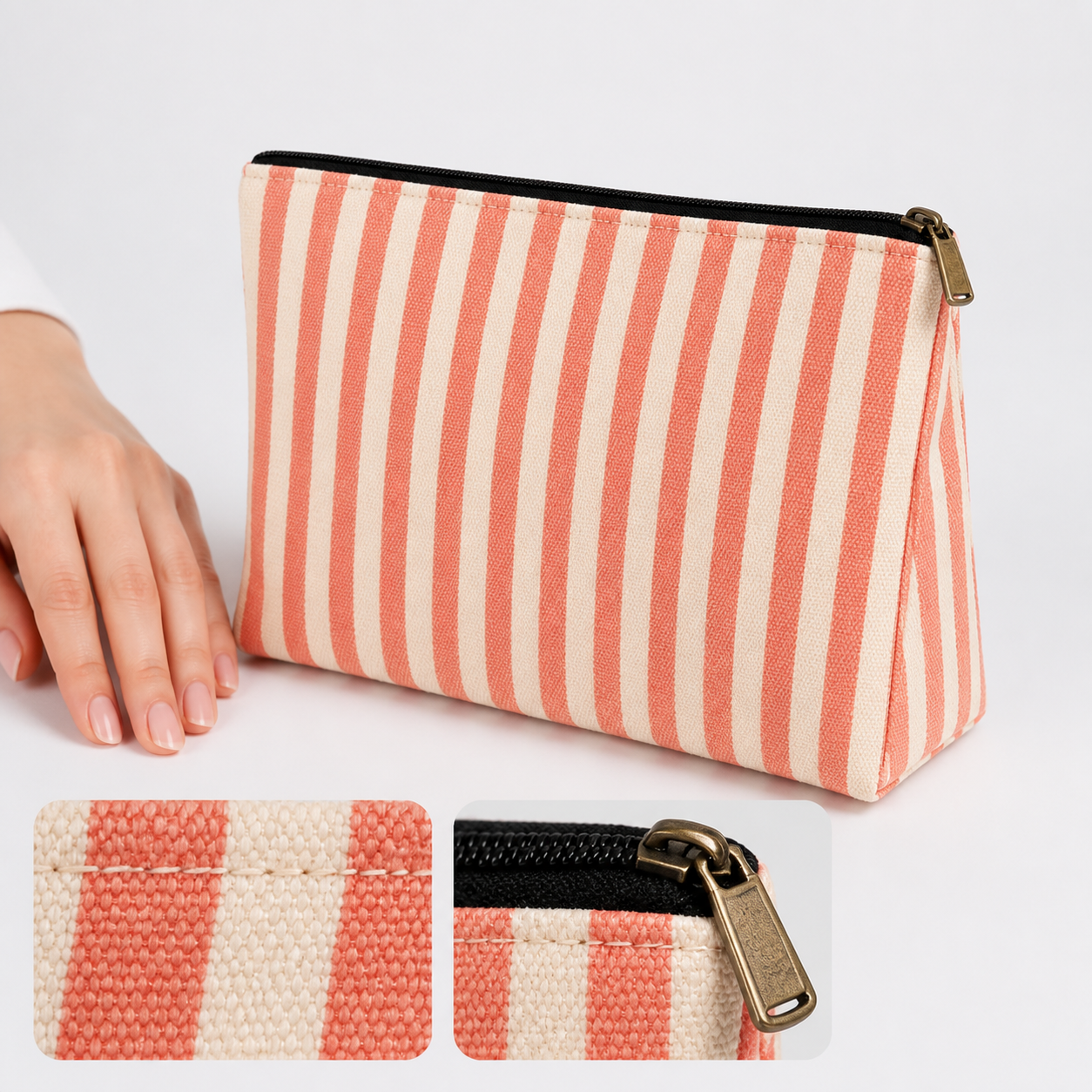 Coral striped makeup pouch with hand for scale, woven fabric detail and zipper close-up