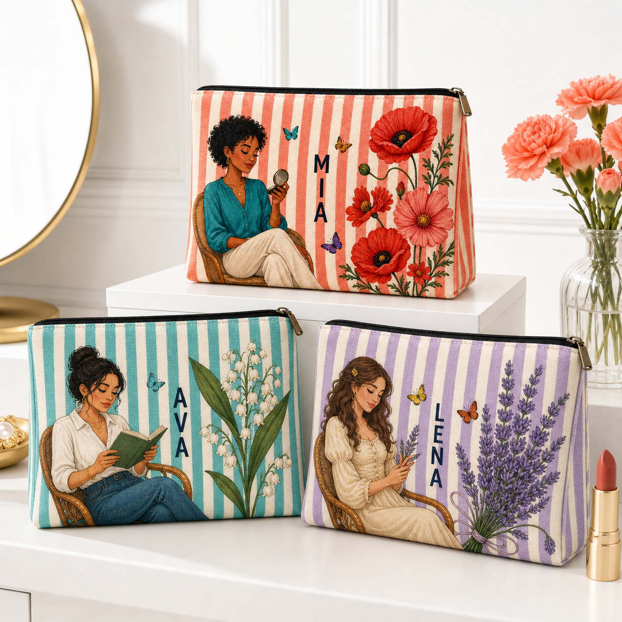 Three personalized striped makeup pouches in coral, teal and lavender with birth flower character artwork and sample names