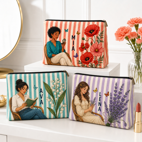 Three personalized striped makeup pouches in coral, teal and lavender with birth flower character artwork and sample names