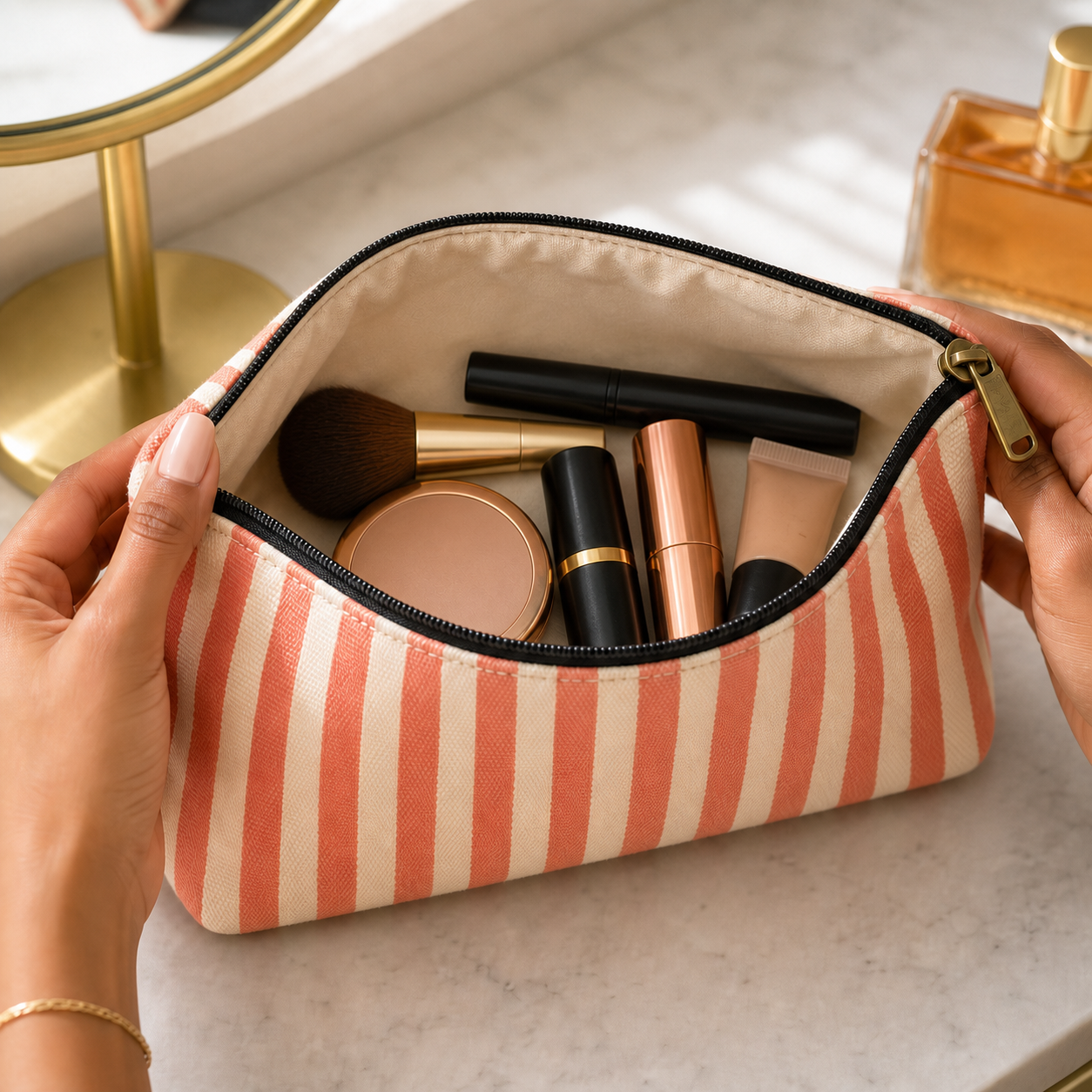 Open coral striped makeup pouch showing ivory lining and six makeup essentials