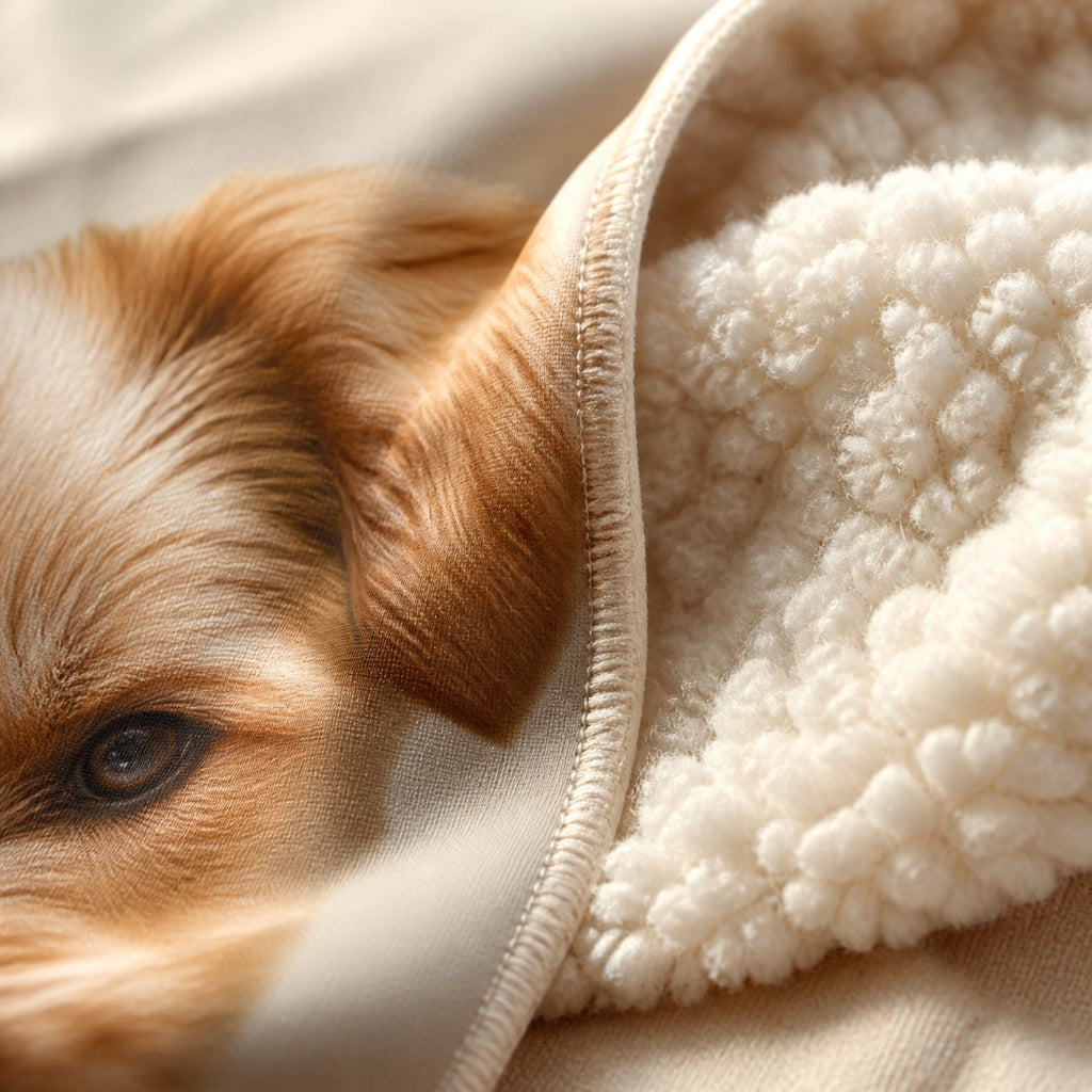 The turned-back corner of the blanket showing the printed face on one side and the deep sherpa pile on the other