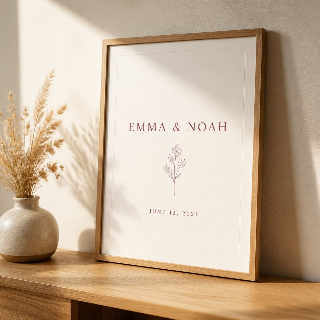 A framed anniversary print with two names and a date, leaning against a cream wall on an oak console