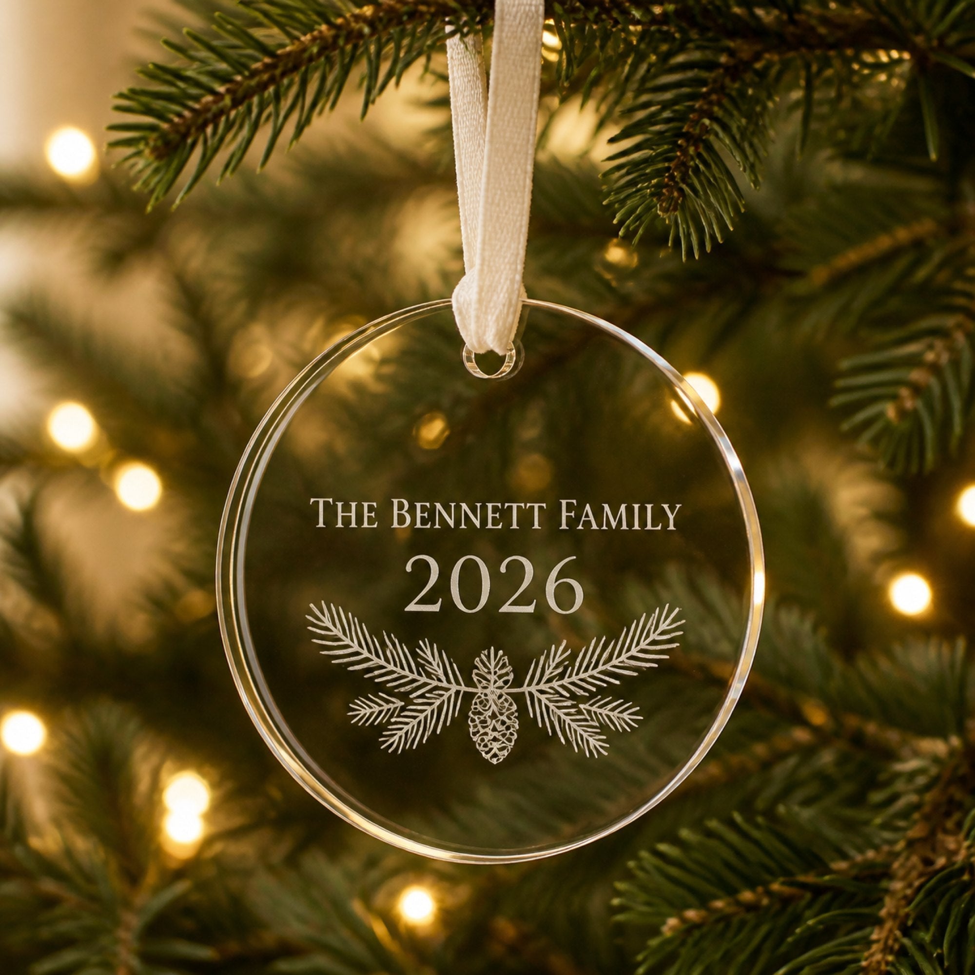 A clear acrylic family ornament hanging on an evergreen branch with warm fairy lights behind