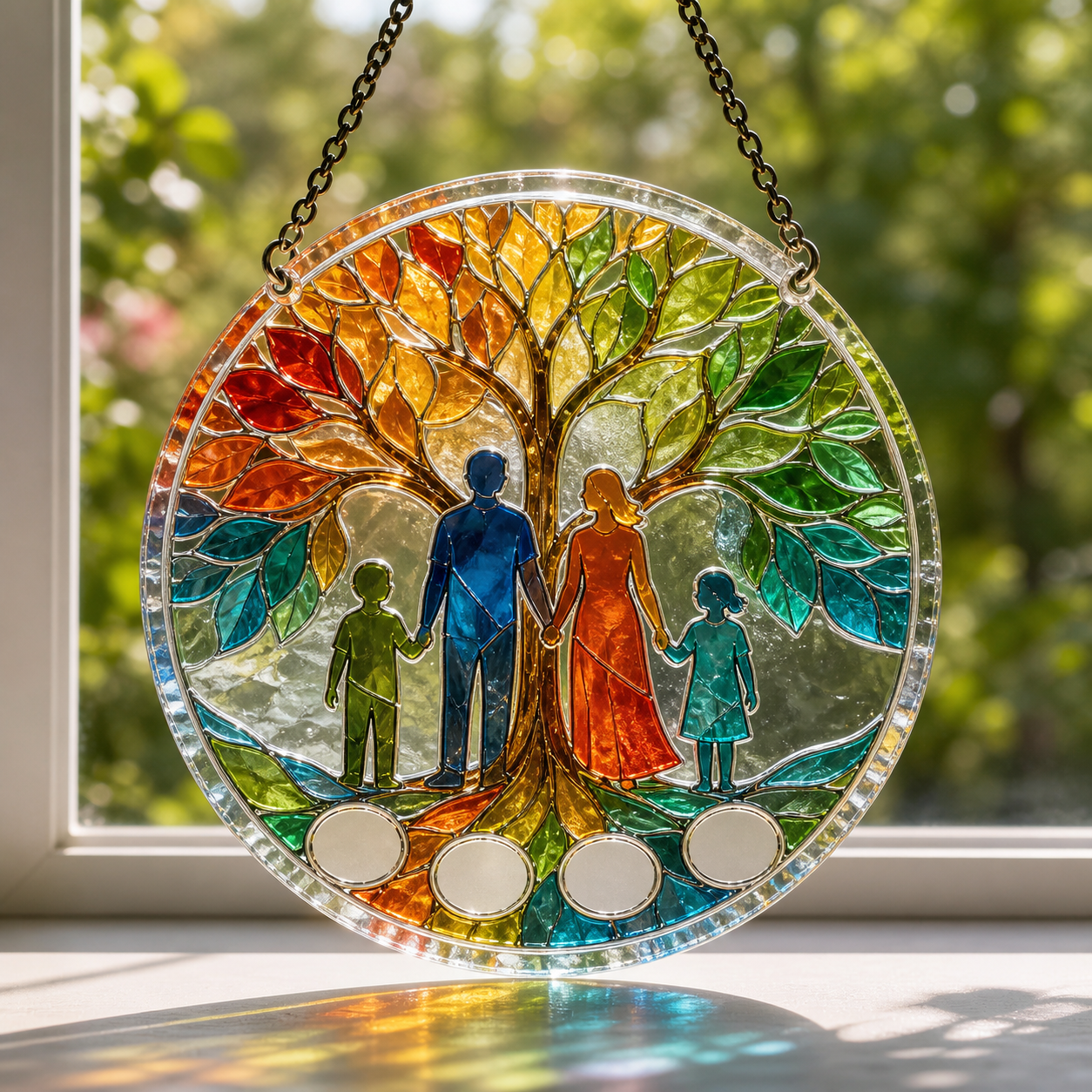 Personalized round family tree window hanging with four colorful silhouettes and blank name medallions