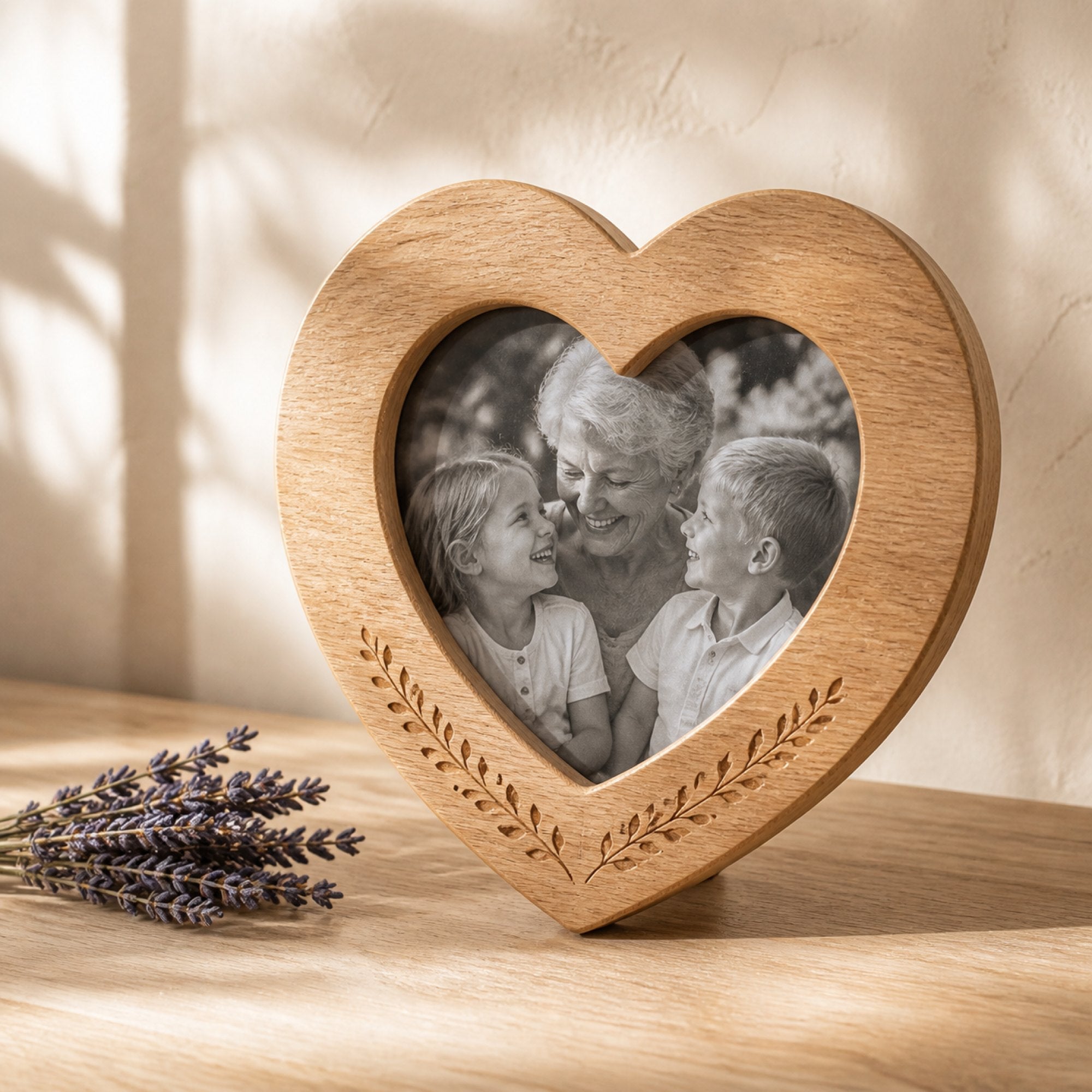 A heart-shaped oak photo frame holding a family photograph, with engraved lettering along the lower edge