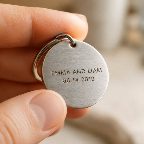 Close-up of a brushed steel keychain tag engraved with two names and a date, held between finger and thumb