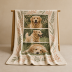 Personalized ivory photo blanket with three golden retriever photos and botanical border