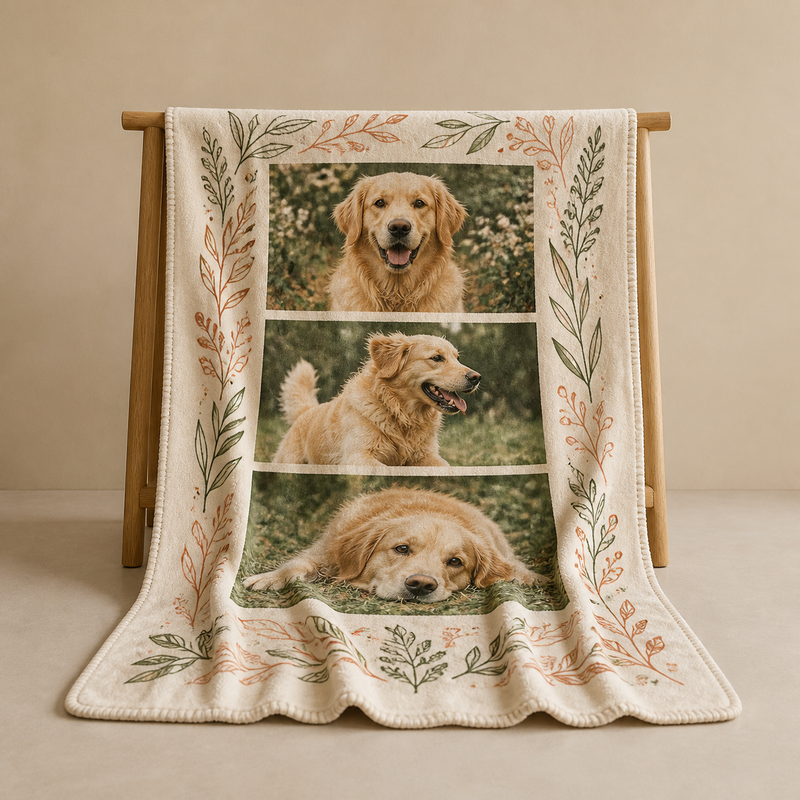 Personalized ivory photo blanket with three golden retriever photos and botanical border