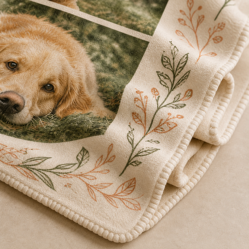 Close-up of ivory personalized photo blanket showing golden retriever print, botanical border, fleece texture and stitched edge