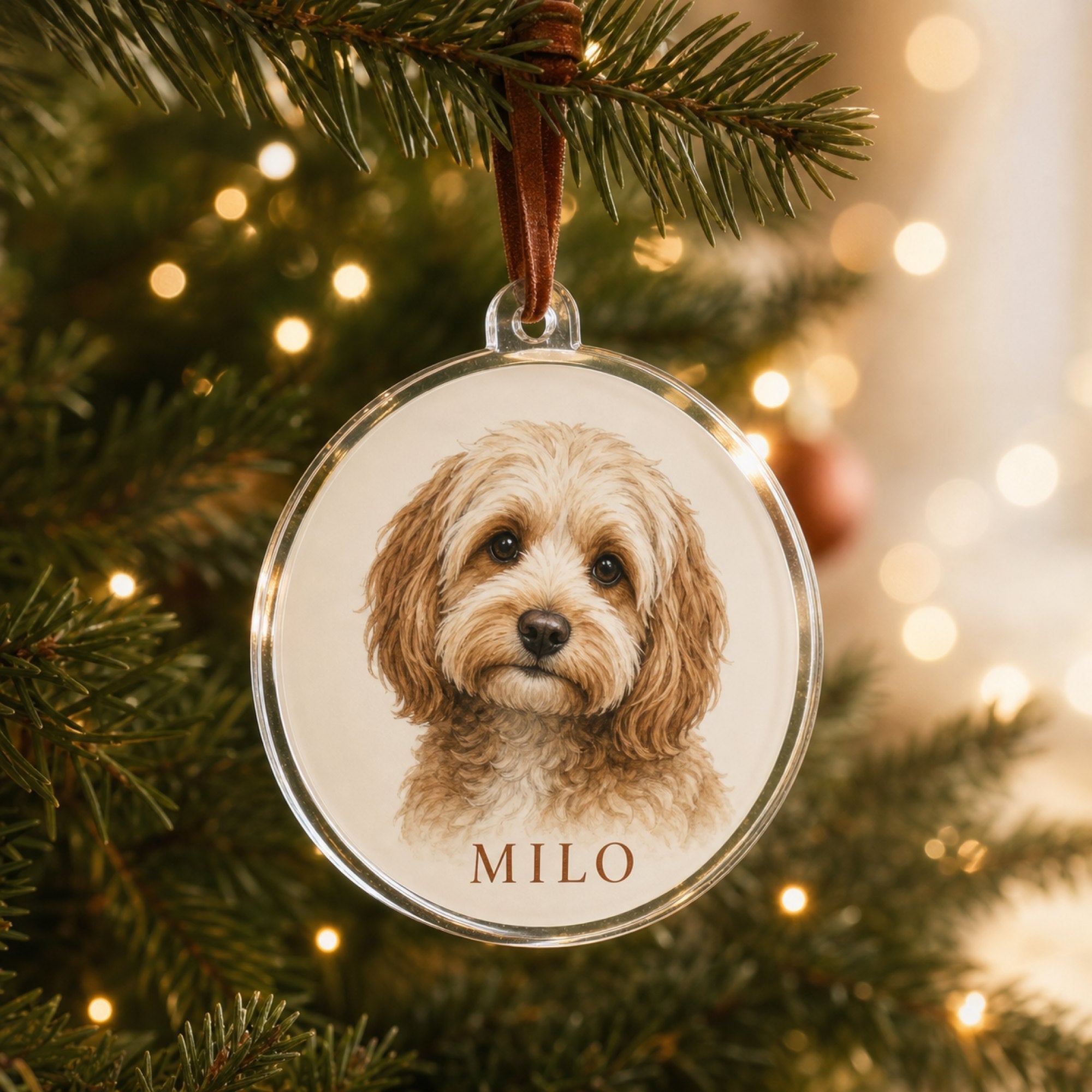A clear acrylic pet ornament with a dog portrait and name, hanging on an evergreen branch among warm fairy lights