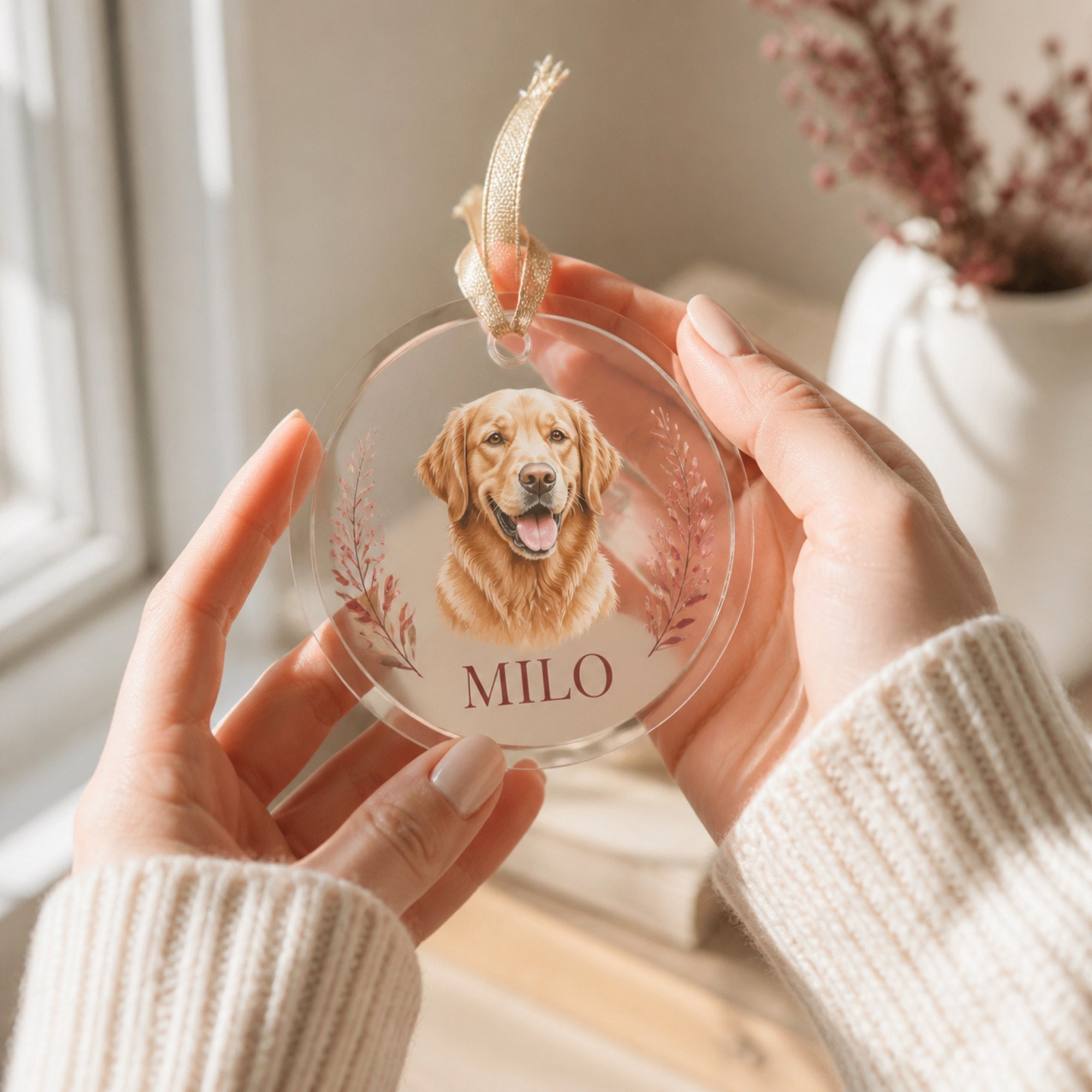 Hands holding a clear acrylic pet ornament up to soft window light