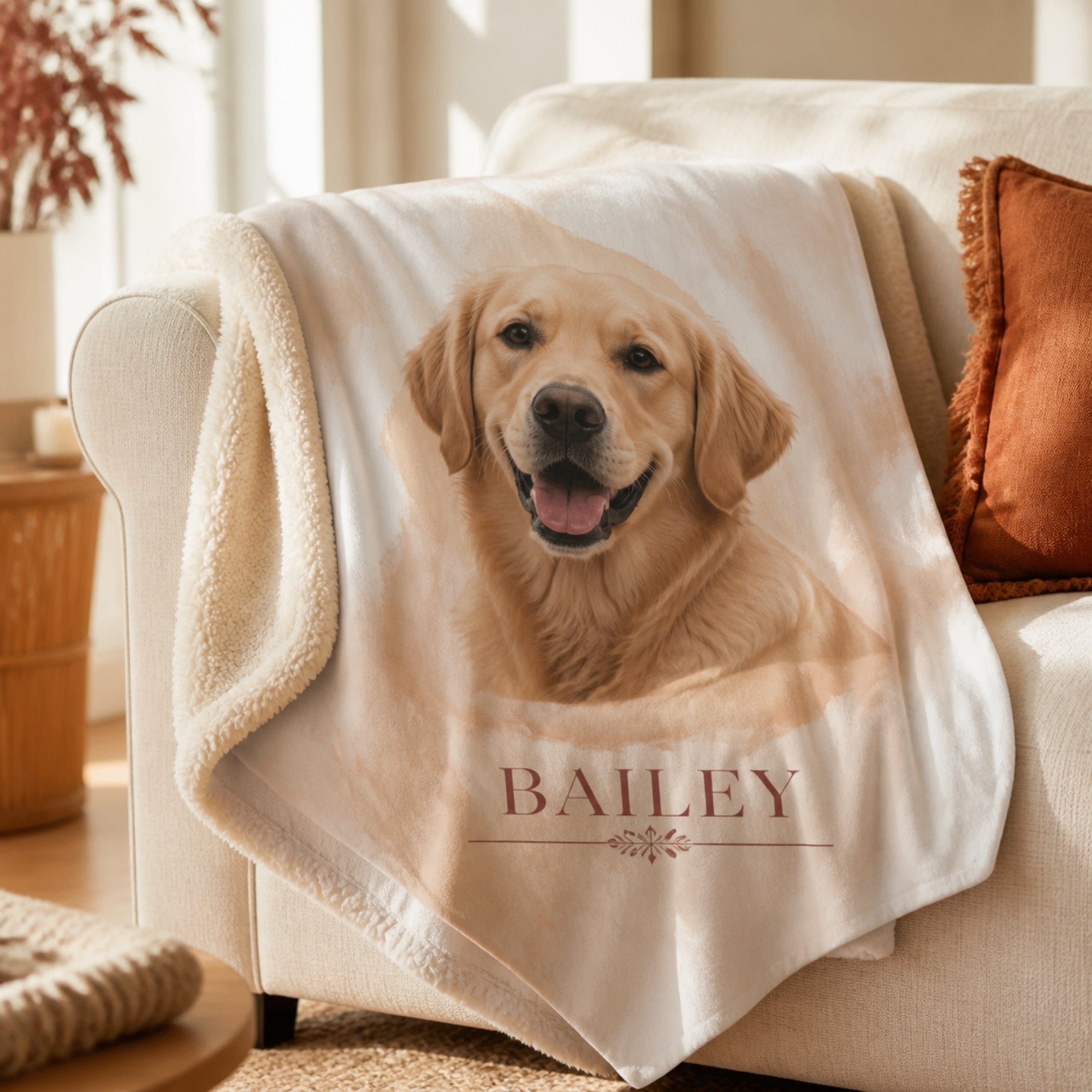A fleece blanket printed with a golden dog portrait and name, draped over a cream linen sofa