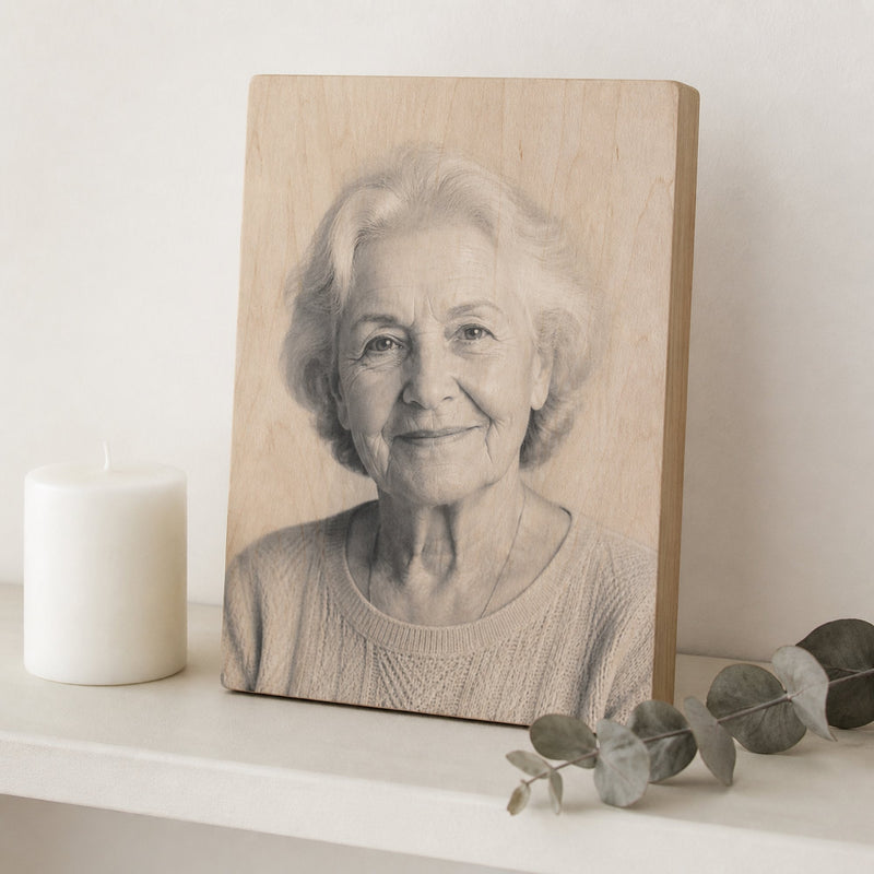 Personalized acrylic heart plaque displayed on a shelf beside a candle and eucalyptus