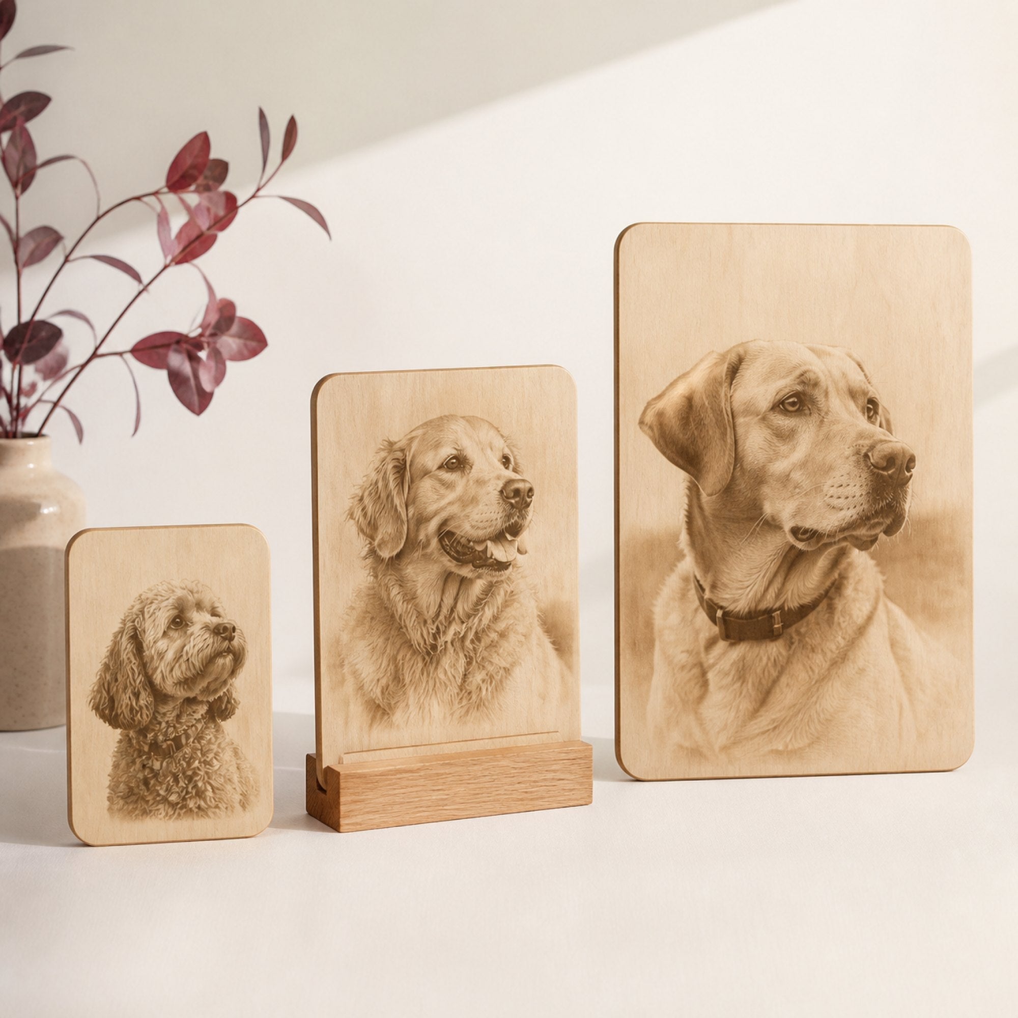 Three plaques in increasing sizes side by side, the middle one shown in its optional oak stand
