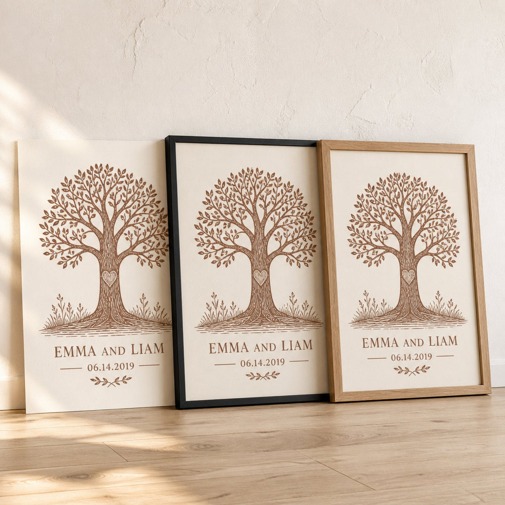 The same print unframed, in a black frame and in an oak frame, leaning against a cream wall