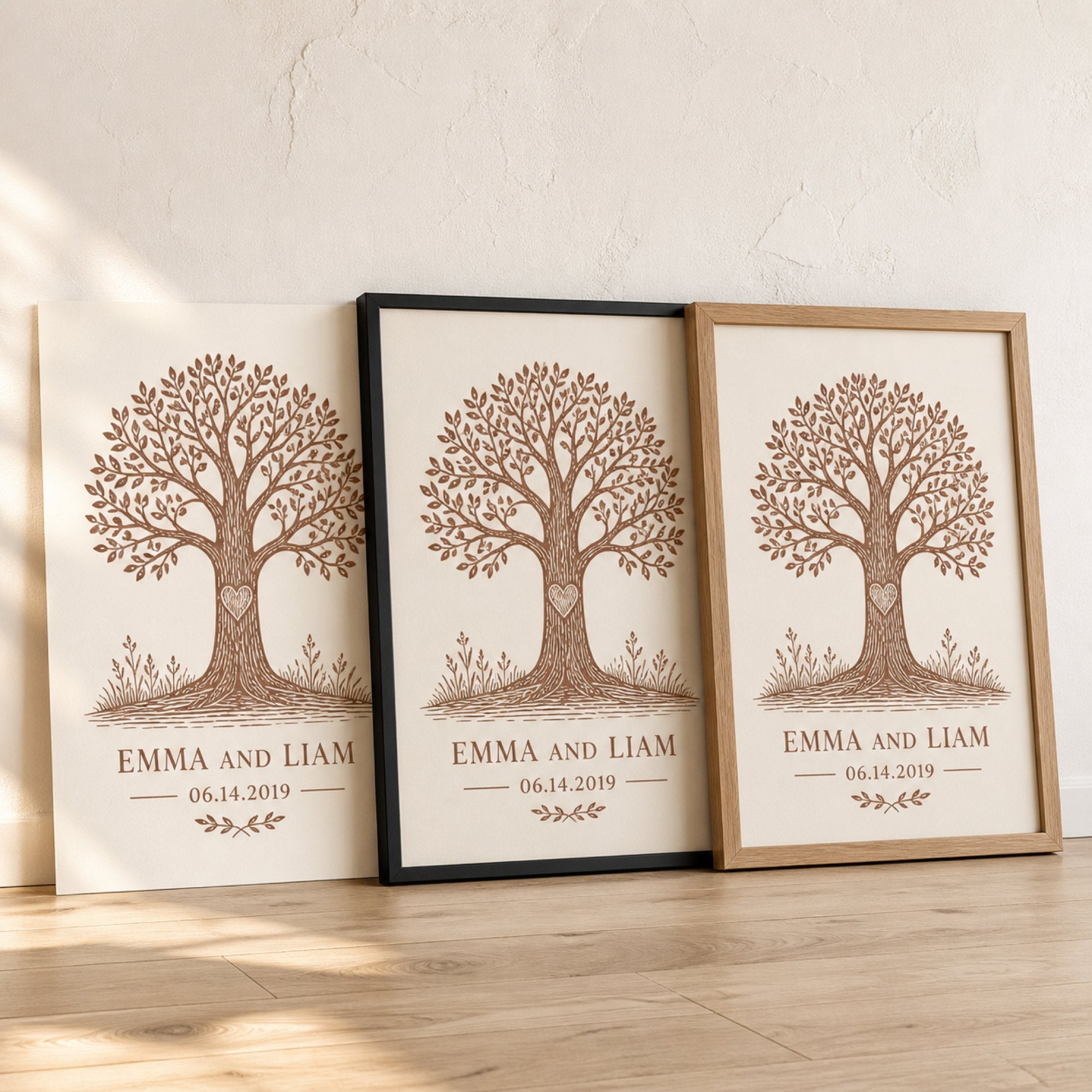 The same print unframed, in a black frame and in an oak frame, leaning against a cream wall