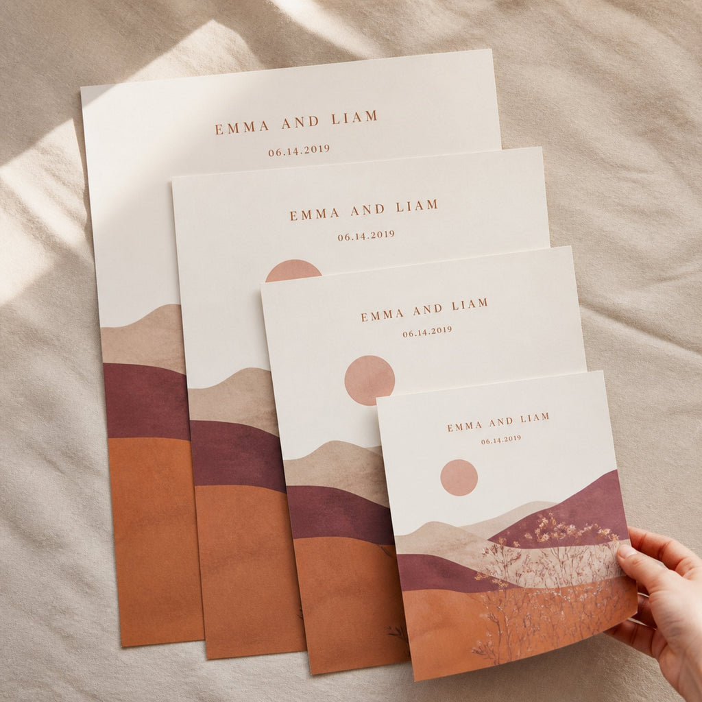 Four unframed prints of different sizes fanned out on cream linen to compare the scale
