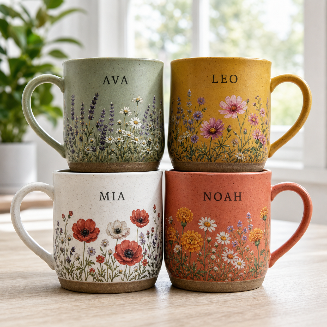 Four personalized pottery mugs in sage, mustard, white and coral with botanical meadows and sample names AVA, LEO, MIA and NOAH