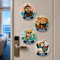 Four personalized cruise cabin door magnets featuring an otter, red panda, corgi and puffin with sample names MIA, NOAH, AVA and LEO