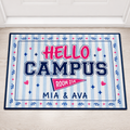 Icy blue striped personalized dorm doormat with navy and hot pink HELLO CAMPUS, ROOM 214 and sample names MIA and AVA