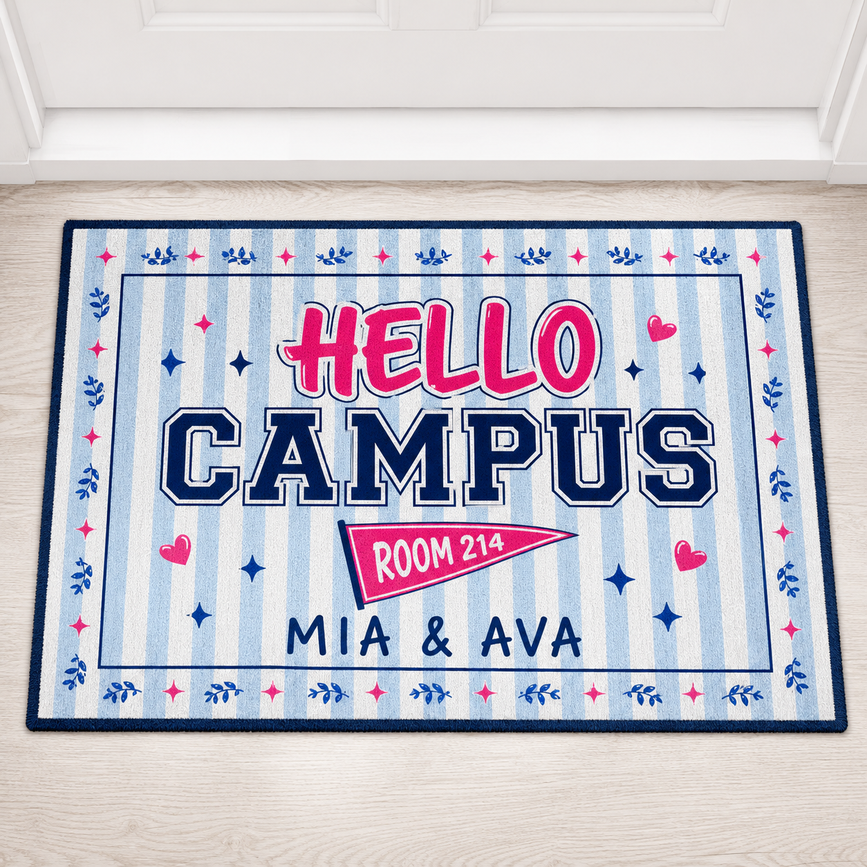 Icy blue striped personalized dorm doormat with navy and hot pink HELLO CAMPUS, ROOM 214 and sample names MIA and AVA