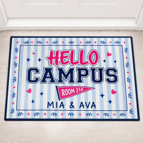 Icy blue striped personalized dorm doormat with navy and hot pink HELLO CAMPUS, ROOM 214 and sample names MIA and AVA