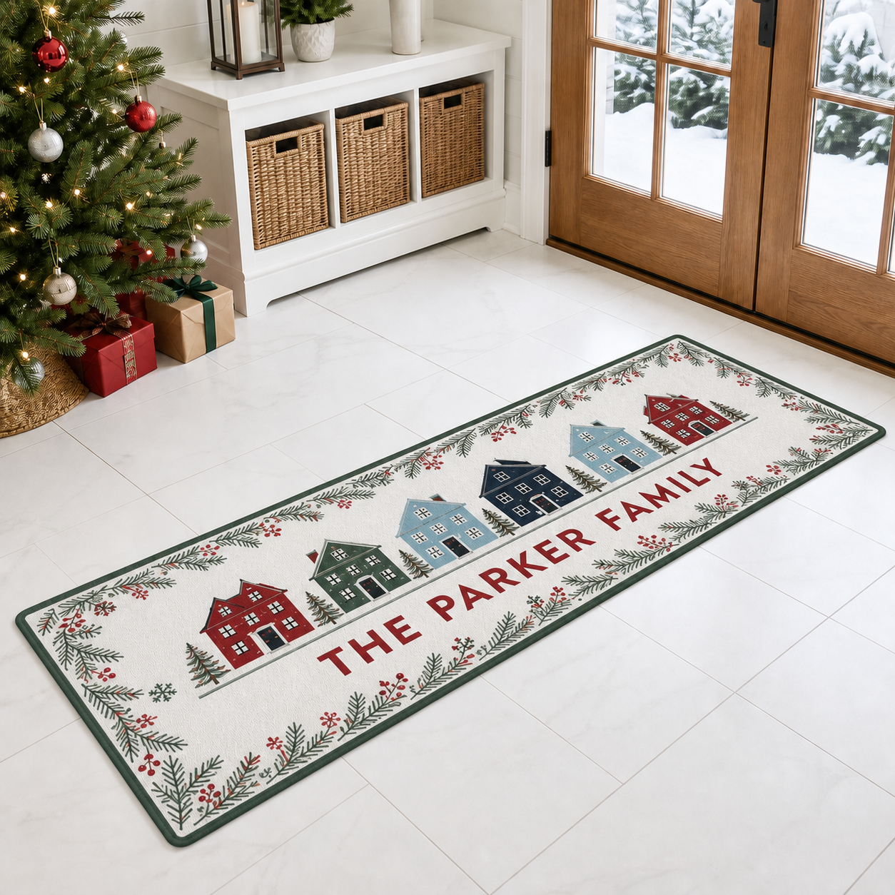Personalized holiday runner rug with winter houses, evergreen border and sample text THE PARKER FAMILY in a bright Christmas entryway
