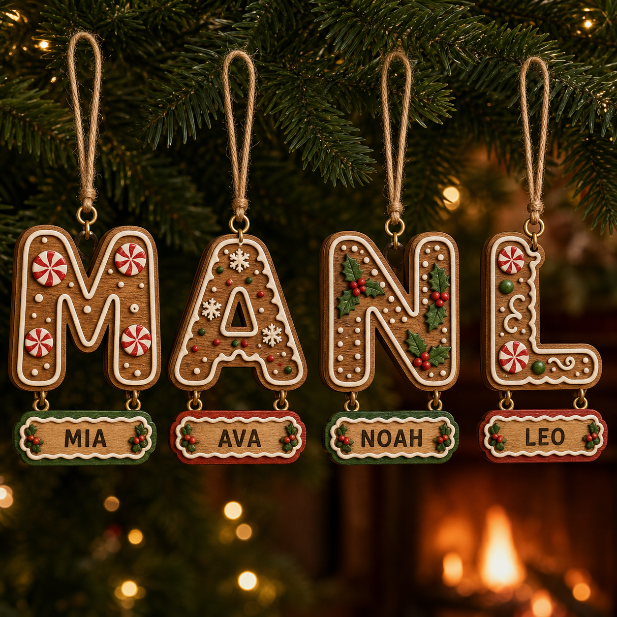 Four personalized layered wood initial ornaments M, A, N and L with sample names MIA, AVA, NOAH and LEO hanging on a Christmas tree