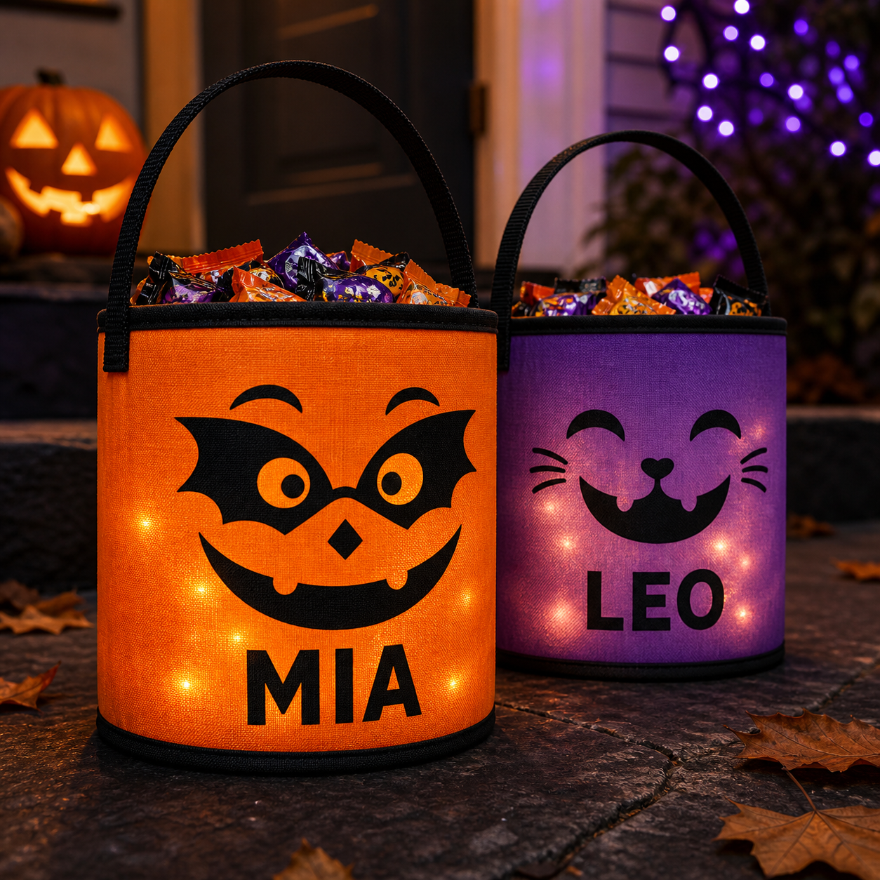 Orange and purple illuminated personalized Halloween treat baskets with candy and sample names MIA and LEO