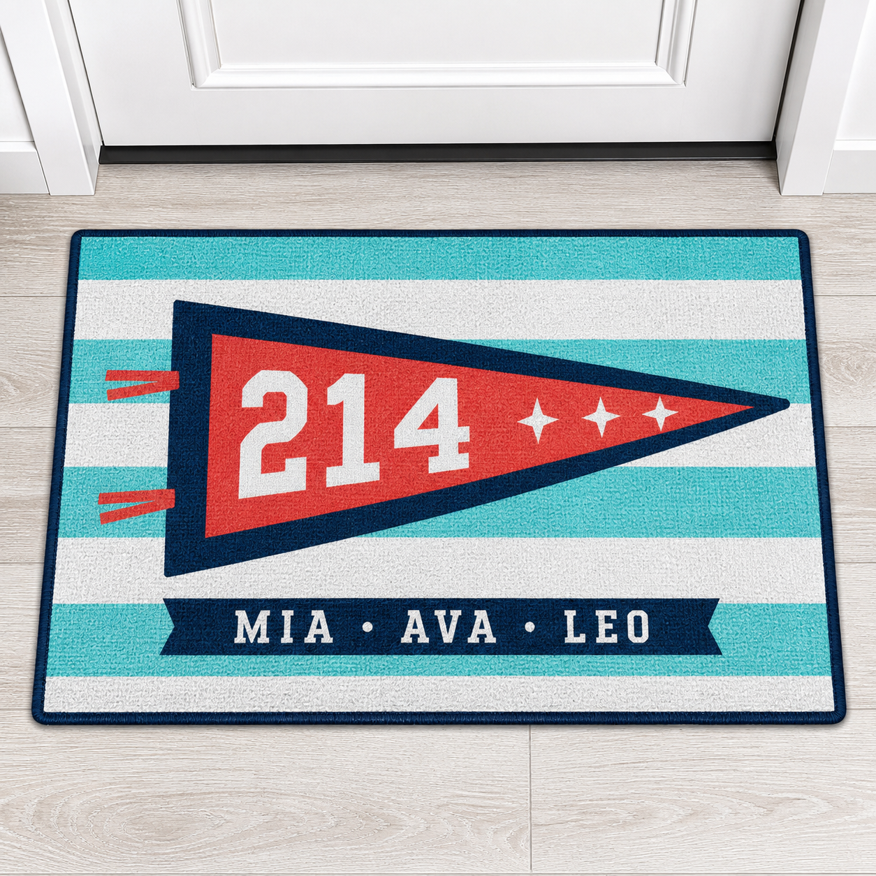 Aqua and white striped personalized dorm doormat with coral varsity pennant, room number 214 and sample names MIA, AVA and LEO