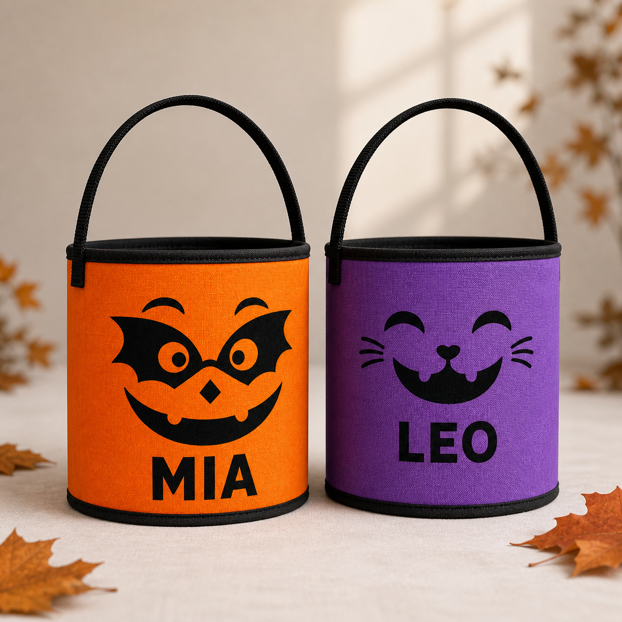 Orange MIA and purple LEO personalized Halloween treat baskets in daylight