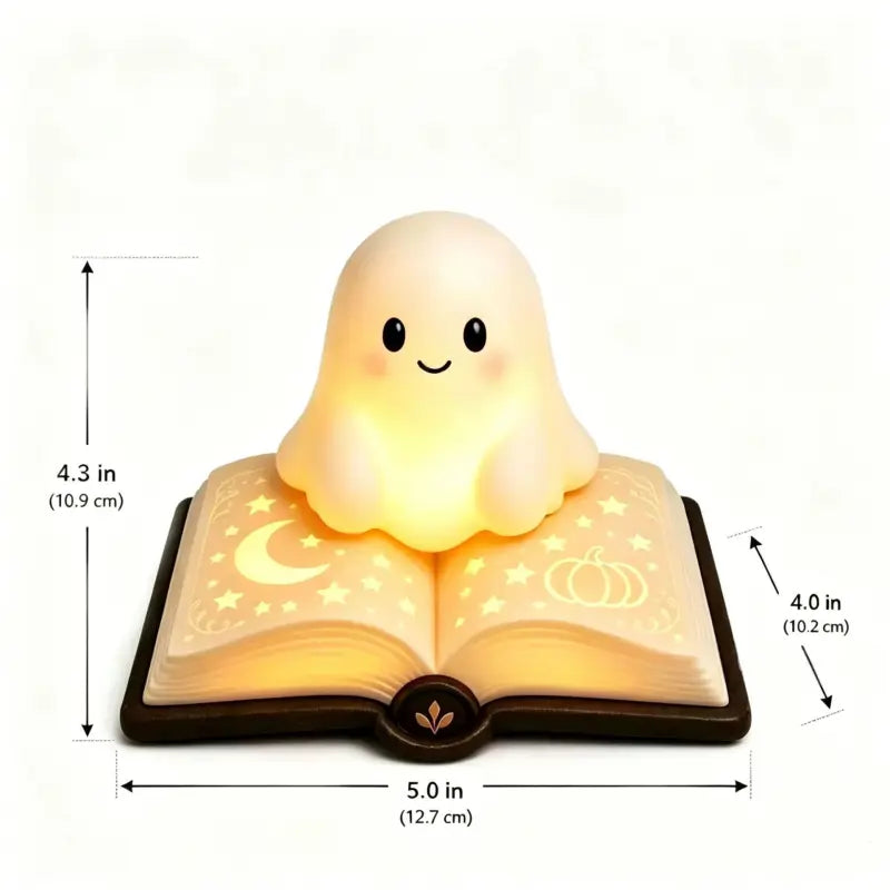 Cute Ghost Sitting on a Book - Halloween Night Light - Cozy Gift For Book Lovers