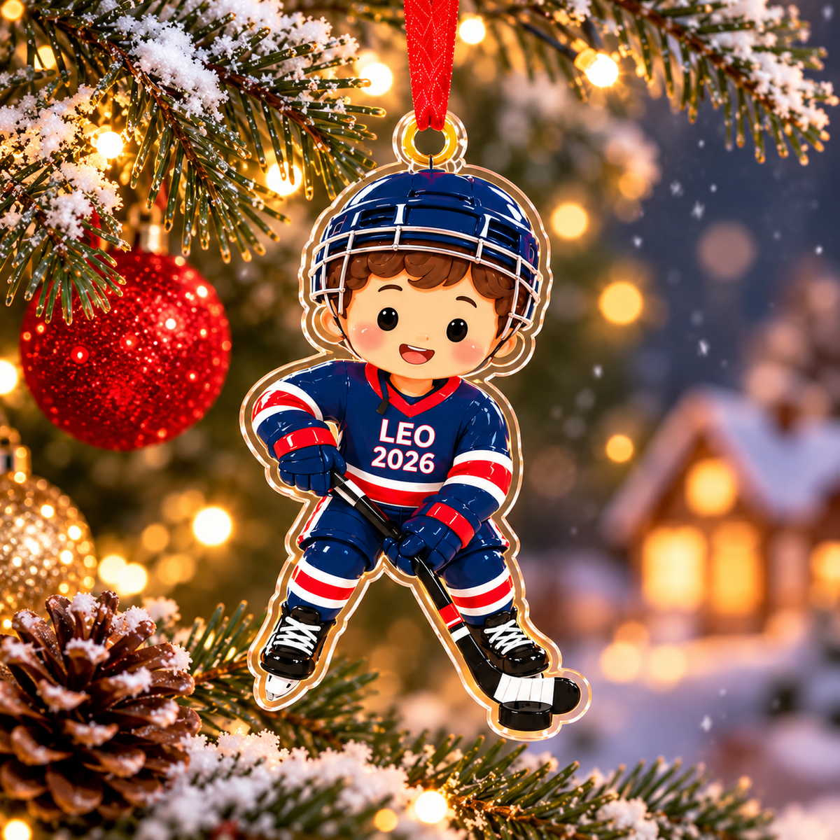 Custom Boy Girl Ice Hockey Player Ornament, Hockey Christmas Acrylic Relief Ornament, Hockey Team Gift, Sports Christmas Tree Decoration