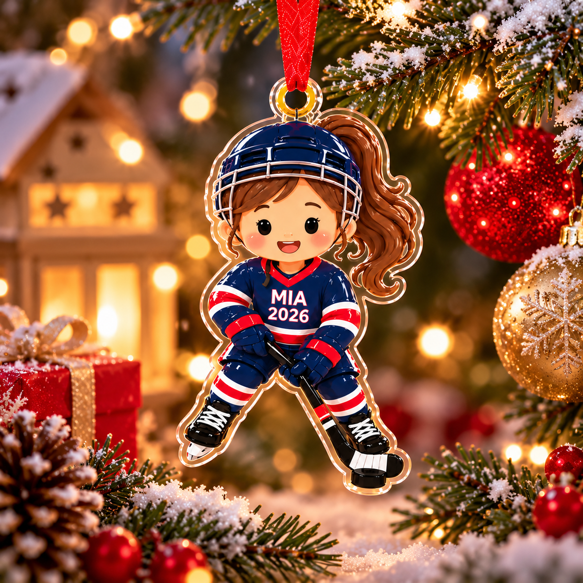 Custom Boy Girl Ice Hockey Player Ornament, Hockey Christmas Acrylic Relief Ornament, Hockey Team Gift, Sports Christmas Tree Decoration