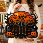 Halloween Spiderweb Family Sign With Hanging Names - Personalized Wood Sign - Spooky Family Door Decor